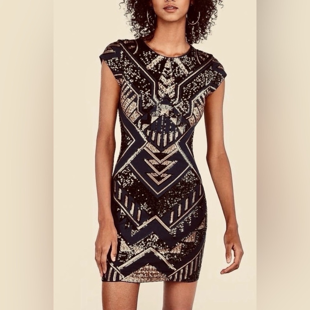 Express Black and Gold Geometric Sequin Mini Dress